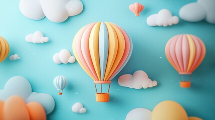 Naklejka premium Whimsical and colorful pop art hot air balloon, vibrant patterns, playful composition, floating adventure::1.6 wicker basket, blue sky, cloud scenery, aerial view, dreamlike journey