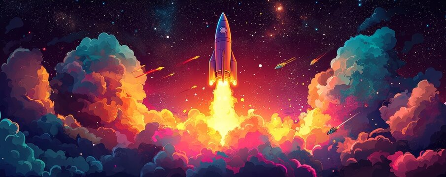 Whimsical and colorful pop art rocket ship, vibrant flames, playful composition, interstellar adventure::1.6 space exploration, stars and galaxies, cosmic journey, futuristic travel