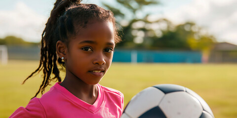 A young girl wearing a pink shirt is holding a soccer ball. She has her hair in a ponytail and is looking at the camera