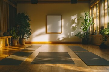 A serene yoga room with an empty picture frame and yoga mats, bathed in soft morning light, creating a calming atmosphere for relaxation and meditation.