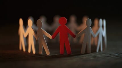 A group of paper people holding hands, with one red figure standing out from the white figures, on a dark textured background symbolizing individuality, discrimination