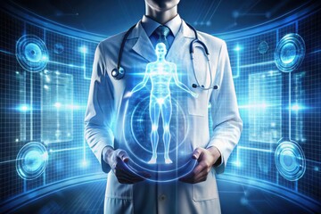 A futuristic healthcare professional showcases a holographic representation of the human body amid a digital landscape filled with glowing data elements. Generative AI