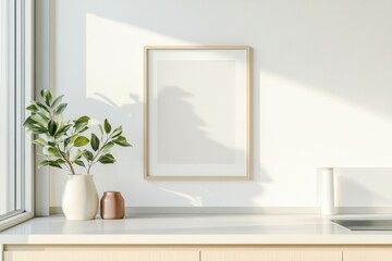 A modern kitchen features an empty picture frame in soft natural morning light, highlighting minimalist design and contemporary decor elements.