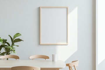 Empty picture frame mockup displayed on a bright dining room wall, showcasing a minimalist design with a dining table and chairs in midday natural light.