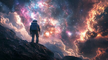 Obraz premium On a mountain peak, an astronaut gazes in awe at a vibrant nebula illuminating the night sky.