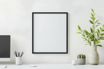 Mockup empty picture frame on a chic loft wall with exposed brick and greenery during late morning light.