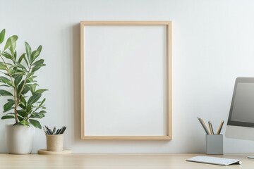 Mockup empty picture frame on a chic loft wall with exposed brick and greenery during late morning light.