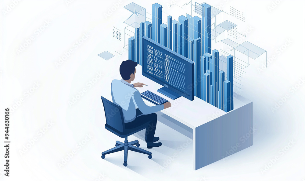 Poster Businessman working with data analysis, statistics and business development software