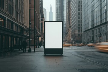 Mockup street billboard in front of modern glass building with natural reflections during soft morning light.