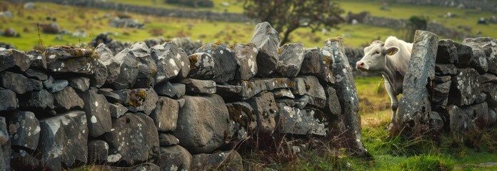 White Cow Peeking Through Stone Wall