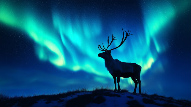 Reindeer standing on a snowy hill with northern lights in the sky