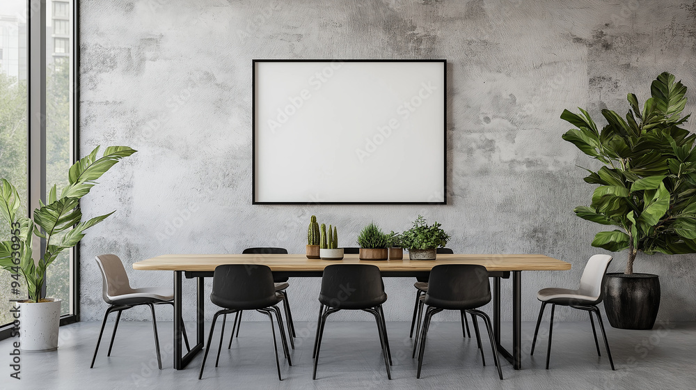 Aufkleber modern open space meeting room with concrete wall and big empty frame mockup