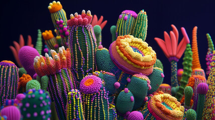 Psychedelic beaded cactus, plants and flowers inspired by Native American quillwork and bead work - isolated on black. Ornate beaded succulents in bright trippy colors - peyote den
