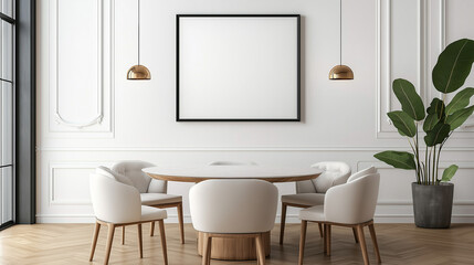 Modern and elegant dining room with white chairs and large vertical frame mockup