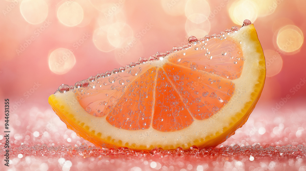 Poster Slice of grapefruit with bubbles on pink sparkling background