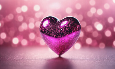 Obraz premium A pink heart-shaped ornament sits on a sparkling surface against a backdrop of pink bokeh