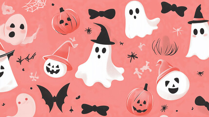 Obraz premium Halloween pattern featuring ghosts, pumpkins and bats on pink background