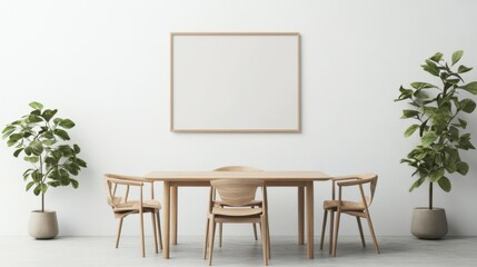 Blank landscape frame mockup centered in a modern dining room, surrounded by greenery and a simple table setting, ideal for interior design presentations.