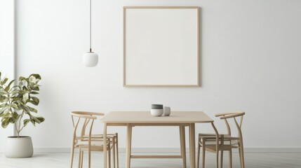 Blank landscape frame mockup centered in a modern dining room, surrounded by greenery and a simple table setting, ideal for interior design presentations.