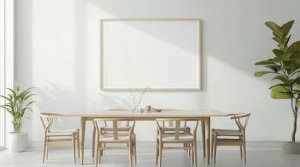 Blank landscape frame mockup centered in a modern dining room, surrounded by greenery and a simple table setting, ideal for interior design presentations.