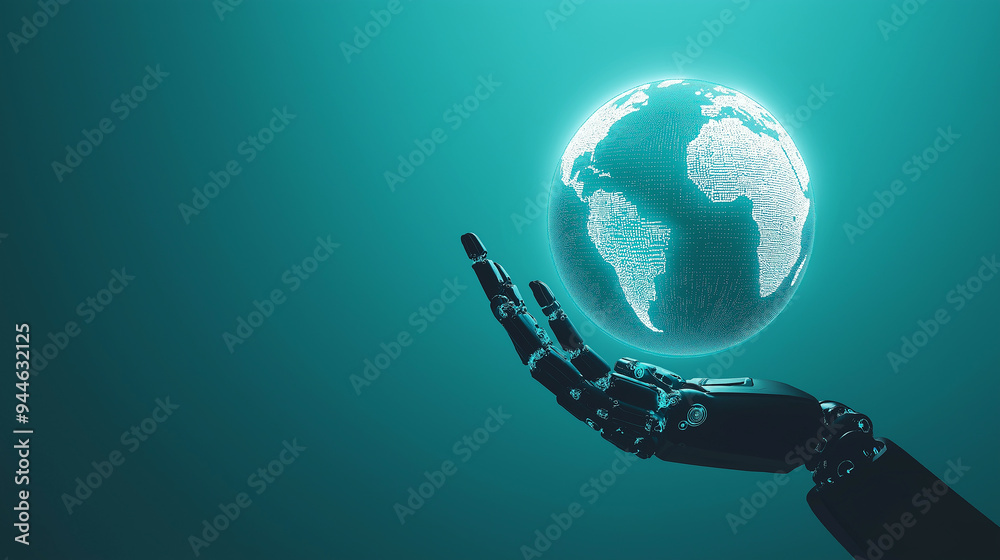 Poster Robot hand holding digital earth globe with binary code on teal background