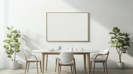 Blank landscape frame mockup centered in a modern dining room, surrounded by greenery and a simple table setting, ideal for interior design presentations.