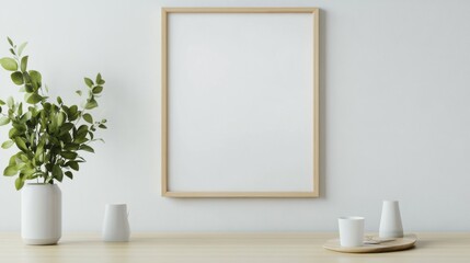 Blank landscape frame mockup centered in a modern dining room, surrounded by greenery and a simple table setting, ideal for interior design presentations.