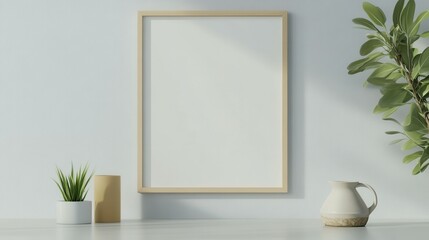 Blank landscape frame mockup centered in a modern dining room, surrounded by greenery and a simple table setting, ideal for interior design presentations.