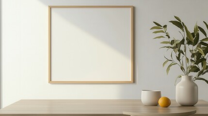 Blank landscape frame mockup centered in a modern dining room, surrounded by greenery and a simple table setting, ideal for interior design presentations.