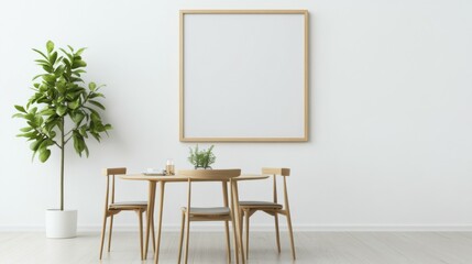 Blank landscape frame mockup centered in a modern dining room, surrounded by greenery and a simple table setting, ideal for interior design presentations.