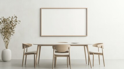 Blank landscape frame mockup centered in a modern dining room, surrounded by greenery and a simple table setting, ideal for interior design presentations.