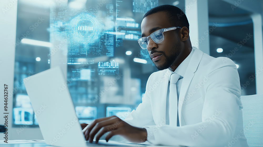 Poster Scientist working on laptop with digital data visualizations displayed on transparent screens