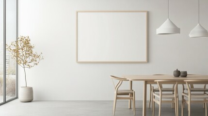 Blank landscape frame mockup centered in a modern dining room, surrounded by greenery and a simple table setting, ideal for interior design presentations.