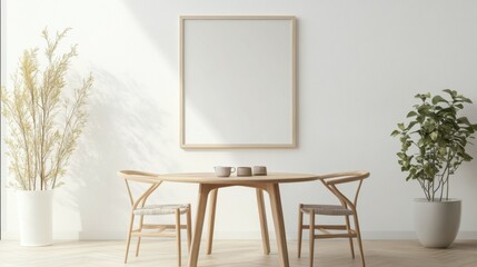 Blank landscape frame mockup centered in a modern dining room, surrounded by greenery and a simple table setting, ideal for interior design presentations.
