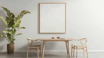 Blank landscape frame mockup centered in a modern dining room, surrounded by greenery and a simple table setting, ideal for interior design presentations.