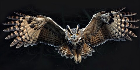 Fototapeta premium An owl s monumental wings gracefully dance through the quiet night orchestrating a silent ballet in the dark asserting its majestic dominance and poignant loveliness across the sky