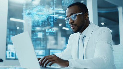 Scientist working on laptop with digital data visualizations displayed on transparent screens