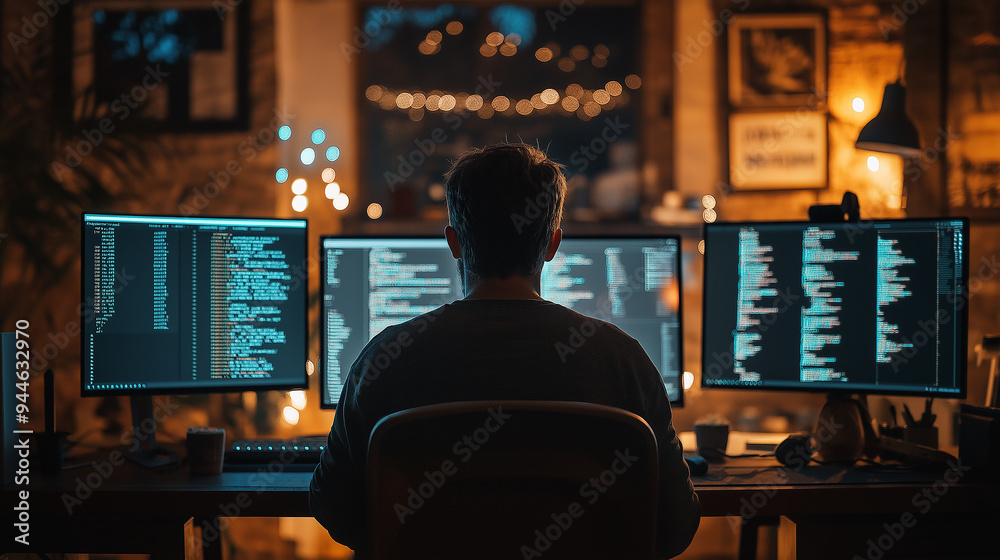 Aufkleber Software developer working late on computer code at home office desk