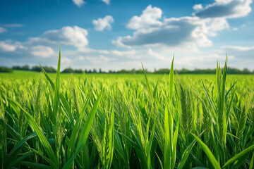 Fototapeta premium Green wheat growing in field under blue sky with clouds
