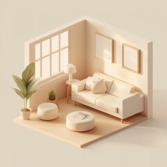 isometric diorama showcases a cozy living room designed in soft beige tones, complete with comfortable seating and lush indoor plants, creating a warm and inviting atmosphere