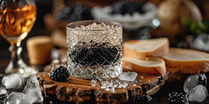 Black sturgeon caviar in a crystal glass with crushed ice and slices of sturgeon balyk on a wooden table