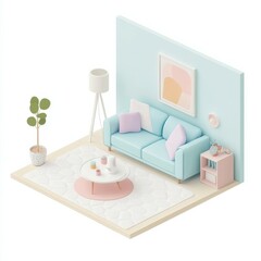 isometric diorama showcases a cozy living room designed in soft pastel color tones, complete with comfortable seating and lush indoor plants, creating a warm and inviting atmosphere