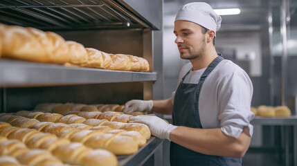 Baker arranging freshly baked bread on shelf in bakery - Powered by Adobe