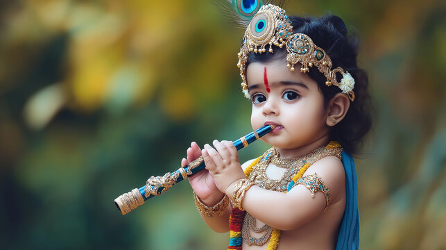 Adorable baby boy dressed as little krishna playing bansuri flute