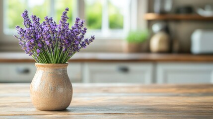 Earth-toned ceramic vase overflowing with vibrant lavender, placed on a weathered farmhouse counter, with vintage kitchen decor in the background