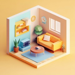 Explore a warm and inviting living room designed in isometric style. The bright sofa, decorative plants, and soothing decor create a perfect space for relaxation and comfort