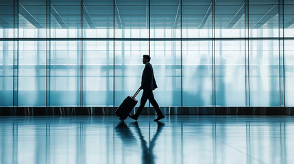Fototapeta premium Businessman walking in airport terminal with rolling luggage