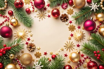 Festive holiday decorations with red and gold ornaments, evergreen branches, and sparkling accents creating a warm winter atmosphere for celebrations. Generative AI