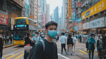 Obraz premium Young man wearing a protective face mask walking in crowded street in hong kong