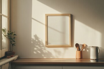 In a charming Paris apartment kitchen, a vertical picture frame awaits a meaningful poster. Soft daylight filters through, creating a serene and cozy atmosphere amid natural elements